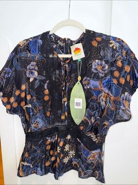 FARM Rio Navy Floral Tie-Neck Peplum Blouse with Rust Accents